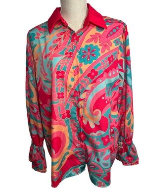 NWT CherryBetty  Pink/Blue Paisley Floral Button Down Blouse Size XL